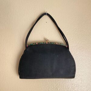 Vintage HL Harry Levine Floral Edge 24K Gold Plated Frame Rhinestone Black Purse